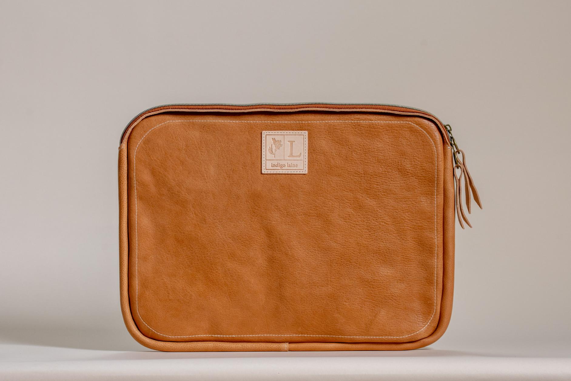 Indigo Laine The Laptop Sleeve in Camel, handcrafted leather laptop sleeve