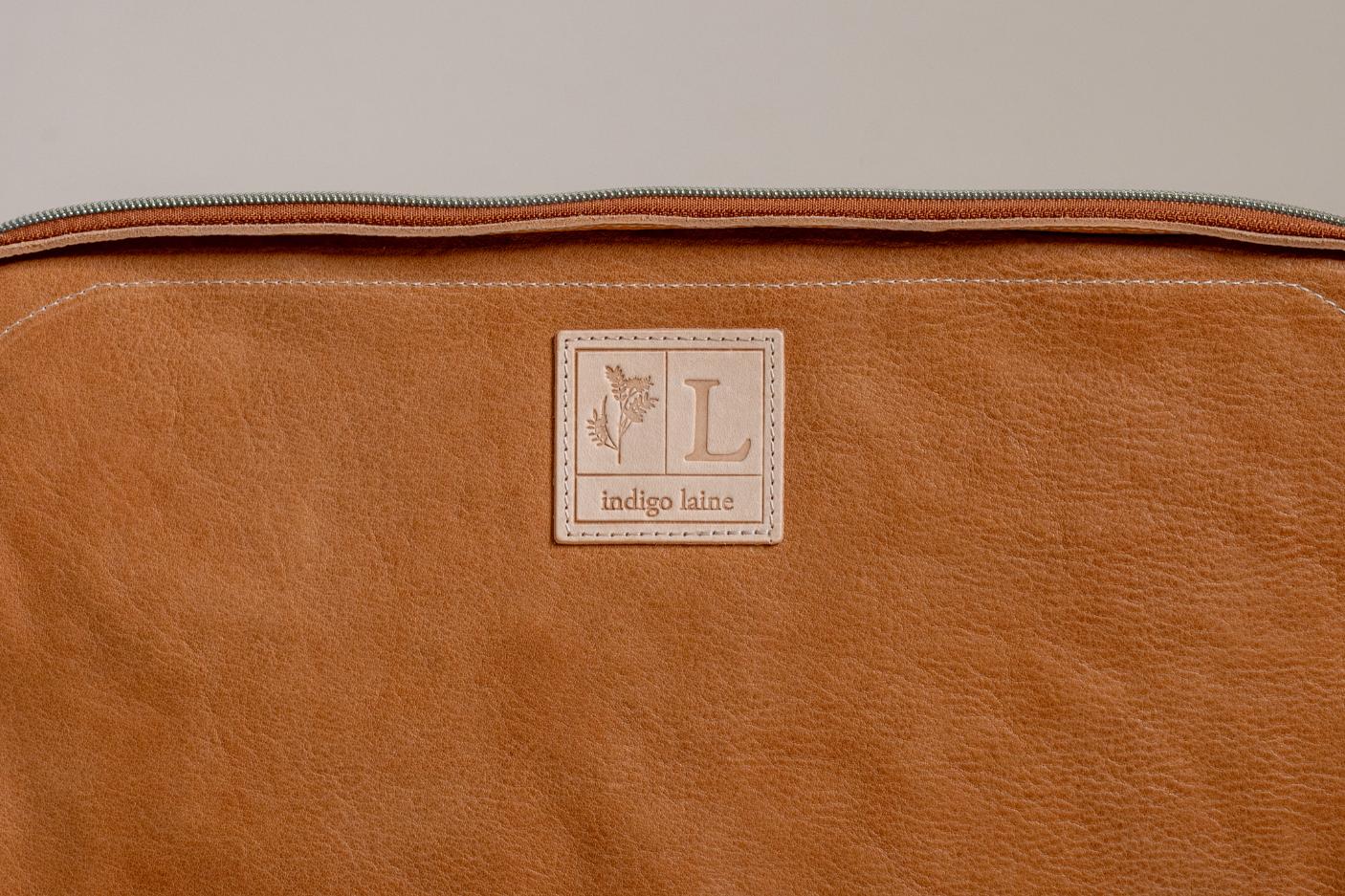Indigo Laine The Laptop Sleeve in Camel, handcrafted leather laptop sleeve