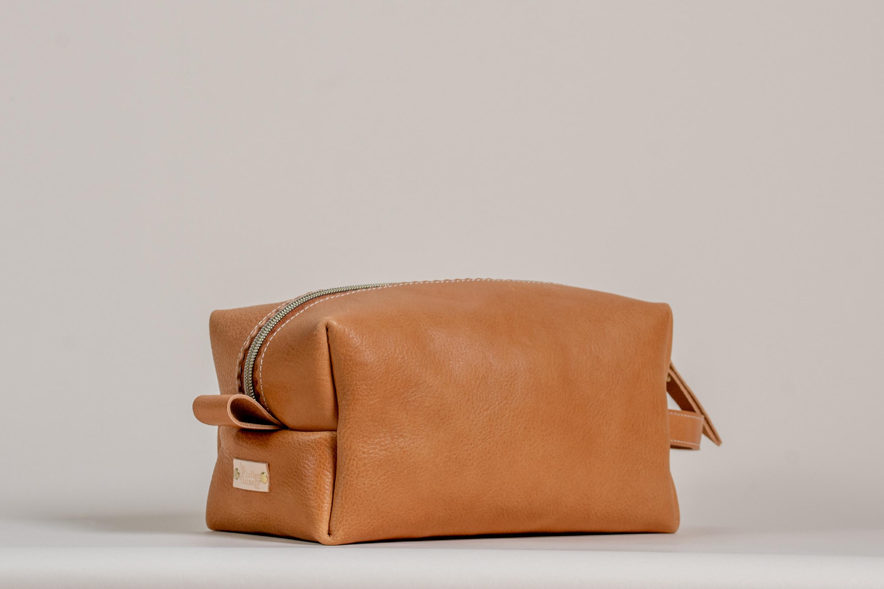 Indigo Laine The Toiletry Kit in Camel, handcrafted leather toiletry kit