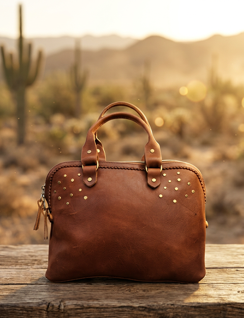 Brown leather handbag with premium brass hardware and zip-top closure