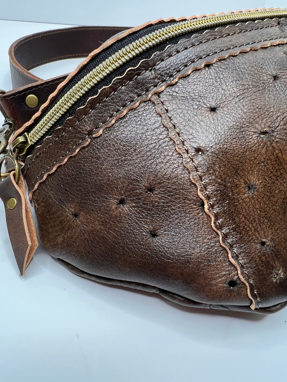 Leather bag stitching and zipper detail close-up