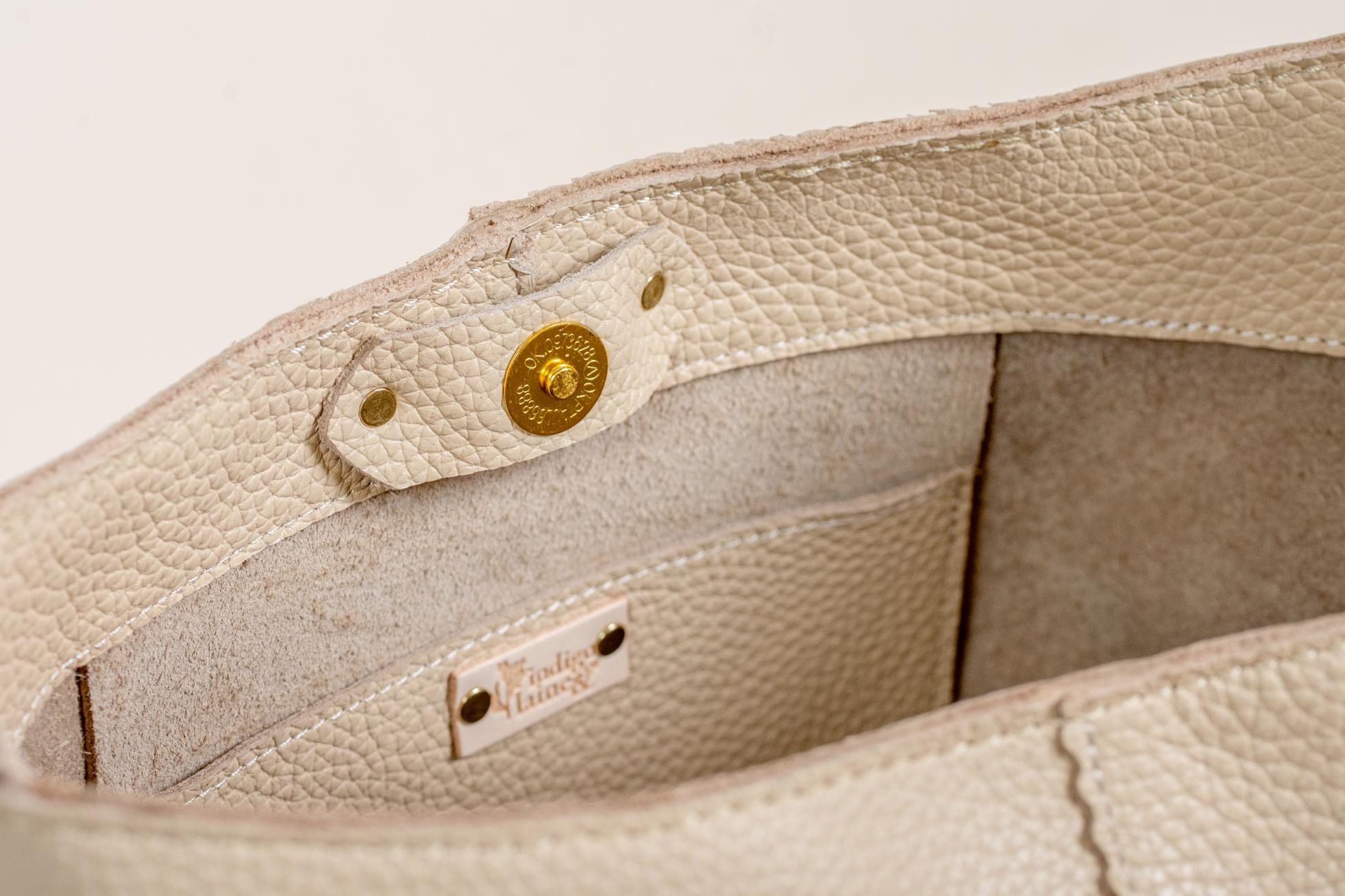 Indigo Laine Scout cream bag interior lining and logo patch