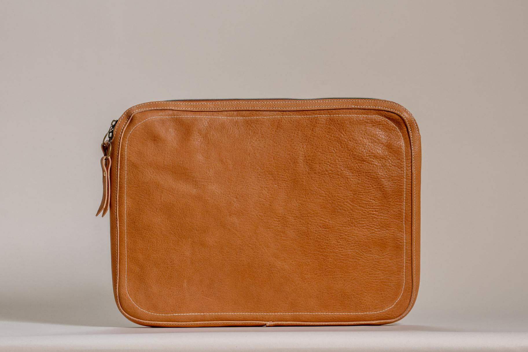 Indigo Laine The Laptop Sleeve in Camel, handcrafted leather laptop sleeve