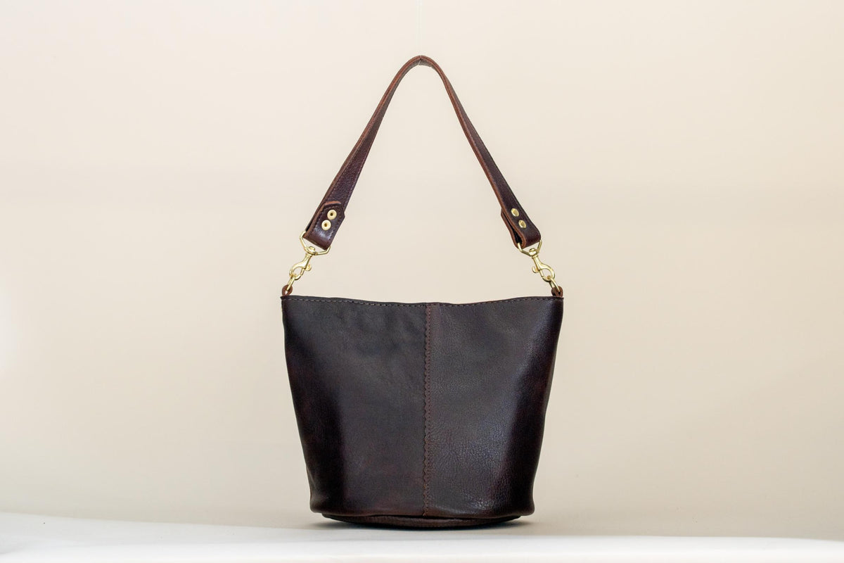 Dark brown leather bucket bag