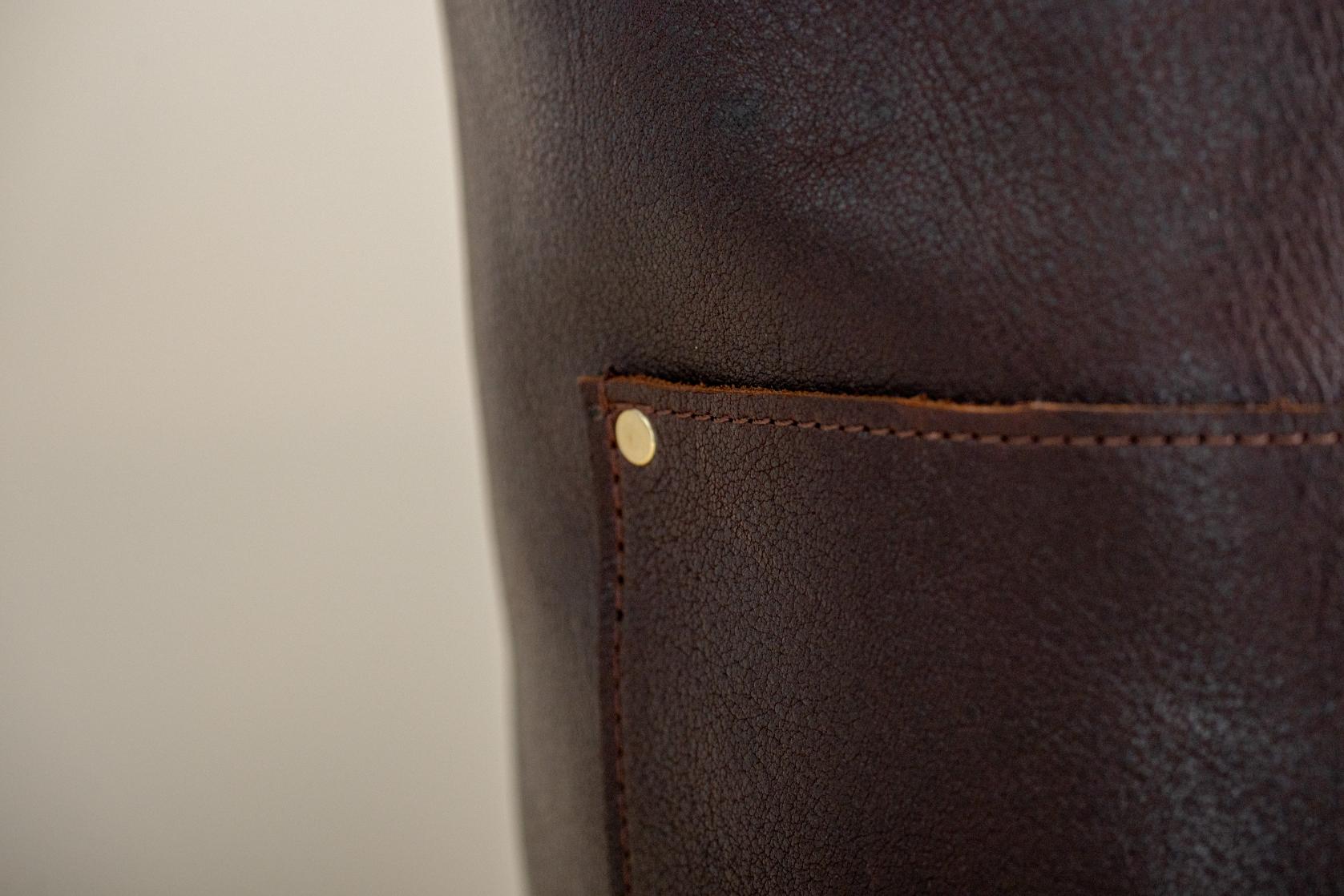 Dark brown leather bag pocket corner detail