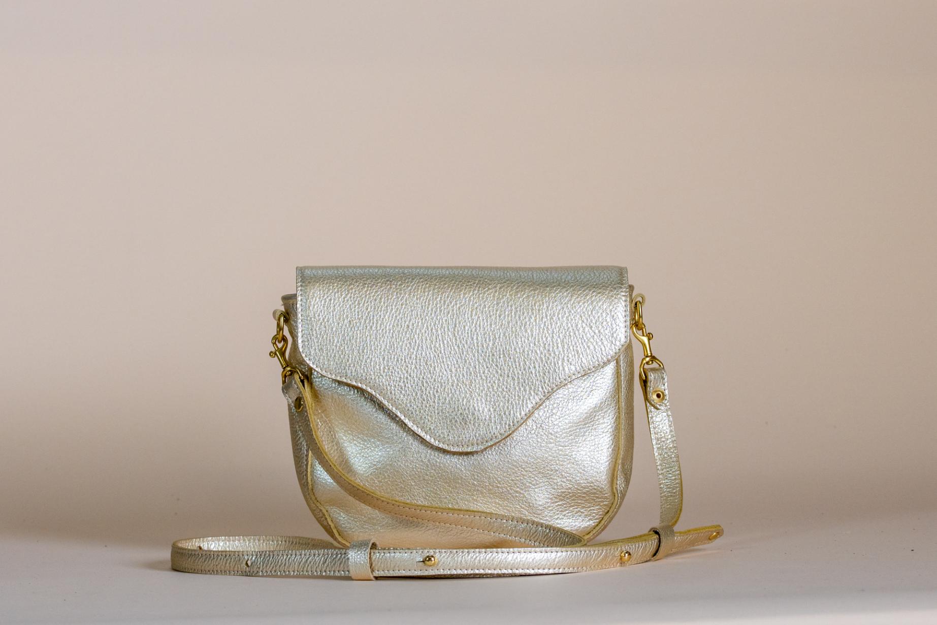 The Shelly Crossbody in metallic silver leather