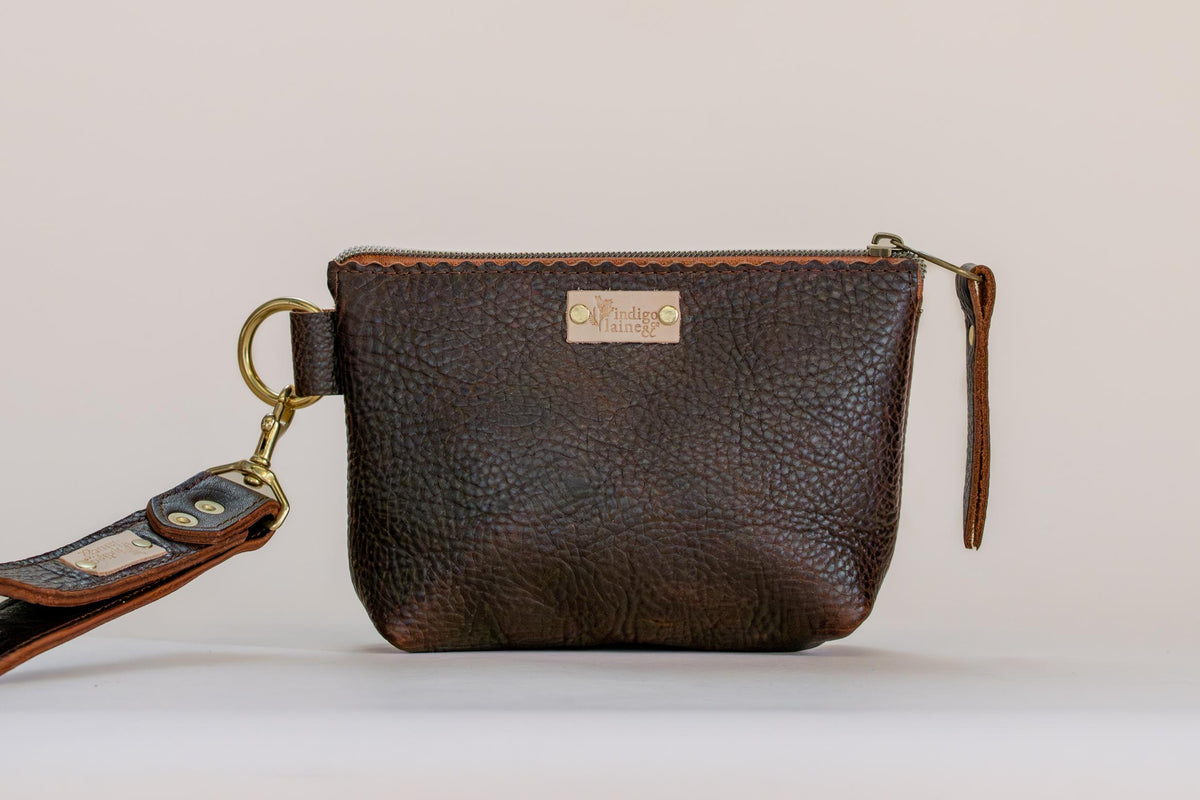 Dark brown pebbled leather zip wristlet pouch