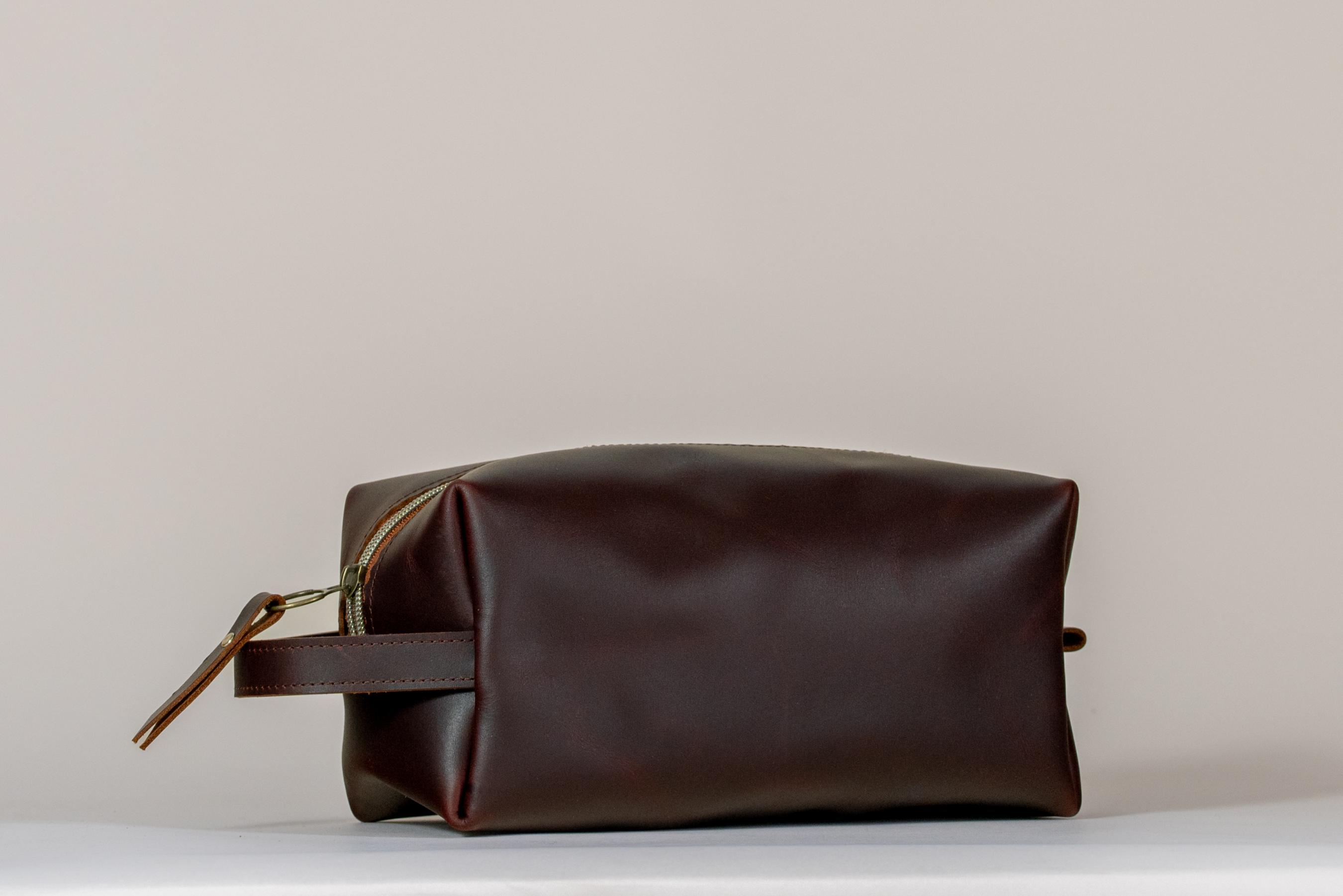 Indigo Laine The Toiletry Kit in Tobacco, handcrafted leather toiletry kit