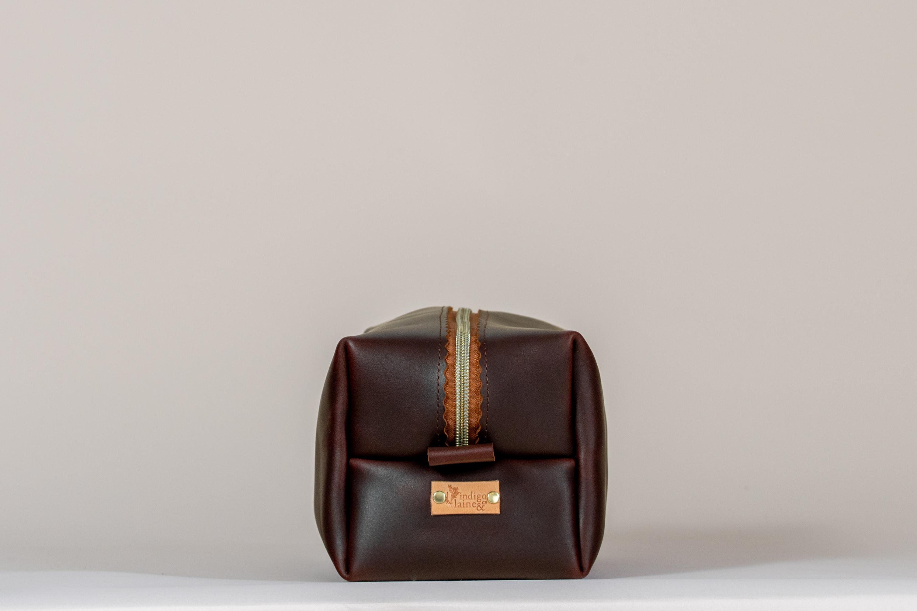 Indigo Laine The Toiletry Kit in Tobacco, handcrafted leather toiletry kit