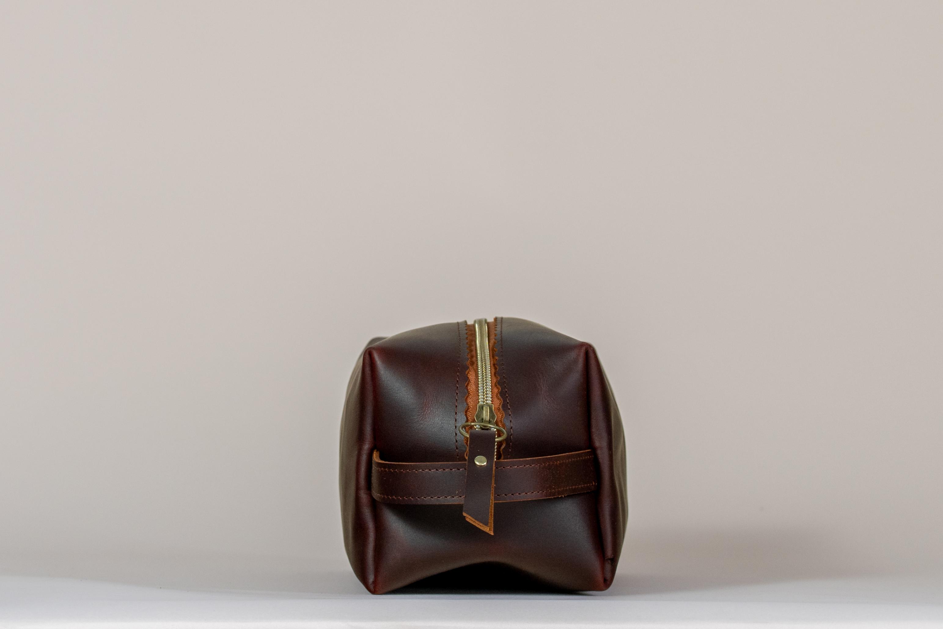 Indigo Laine The Toiletry Kit in Tobacco, handcrafted leather toiletry kit