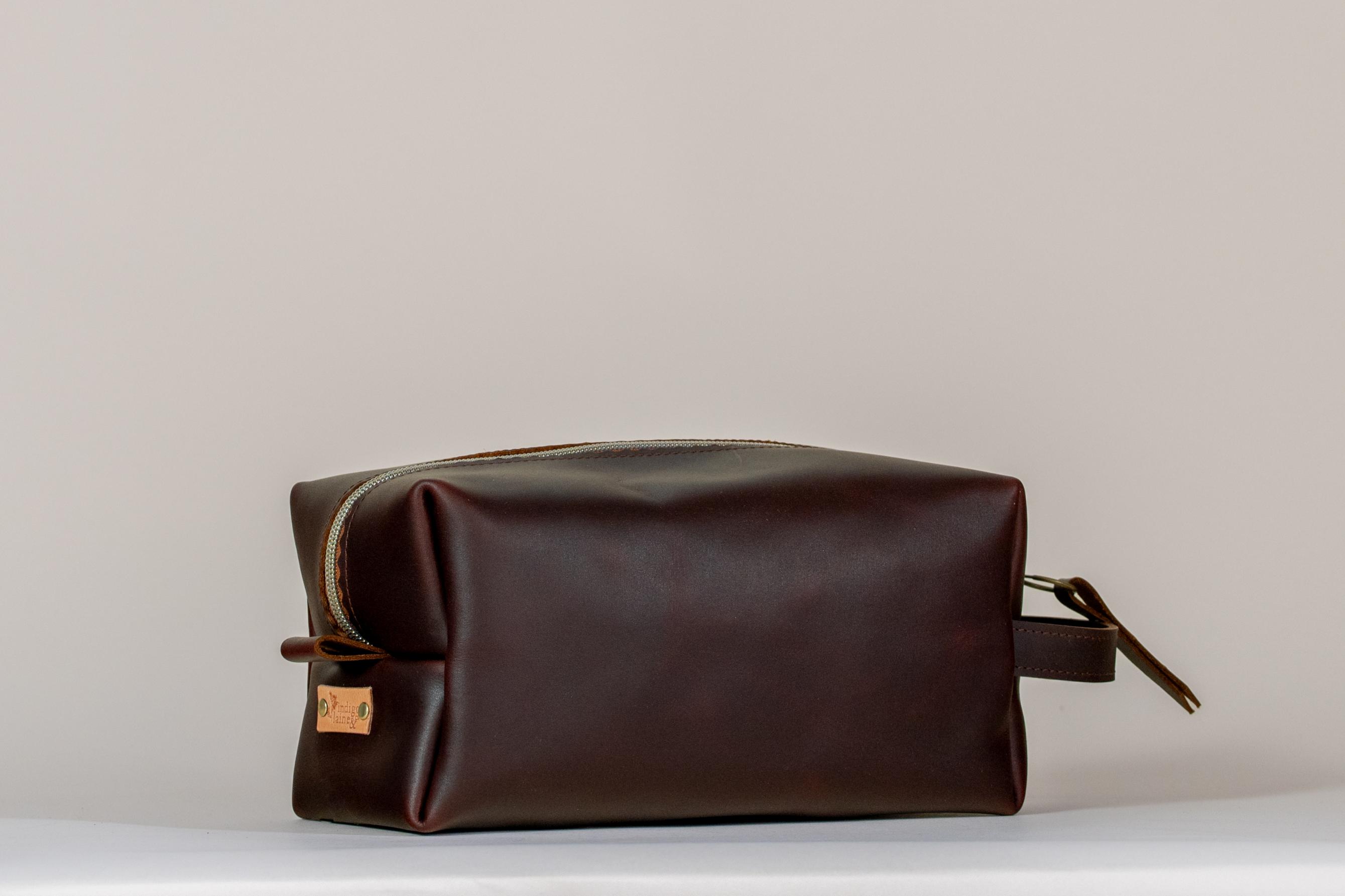 Indigo Laine The Toiletry Kit in Tobacco, handcrafted leather toiletry kit