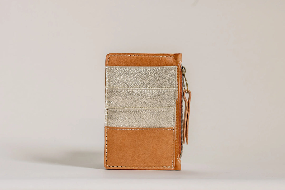Tan and gold leather zip card wallet