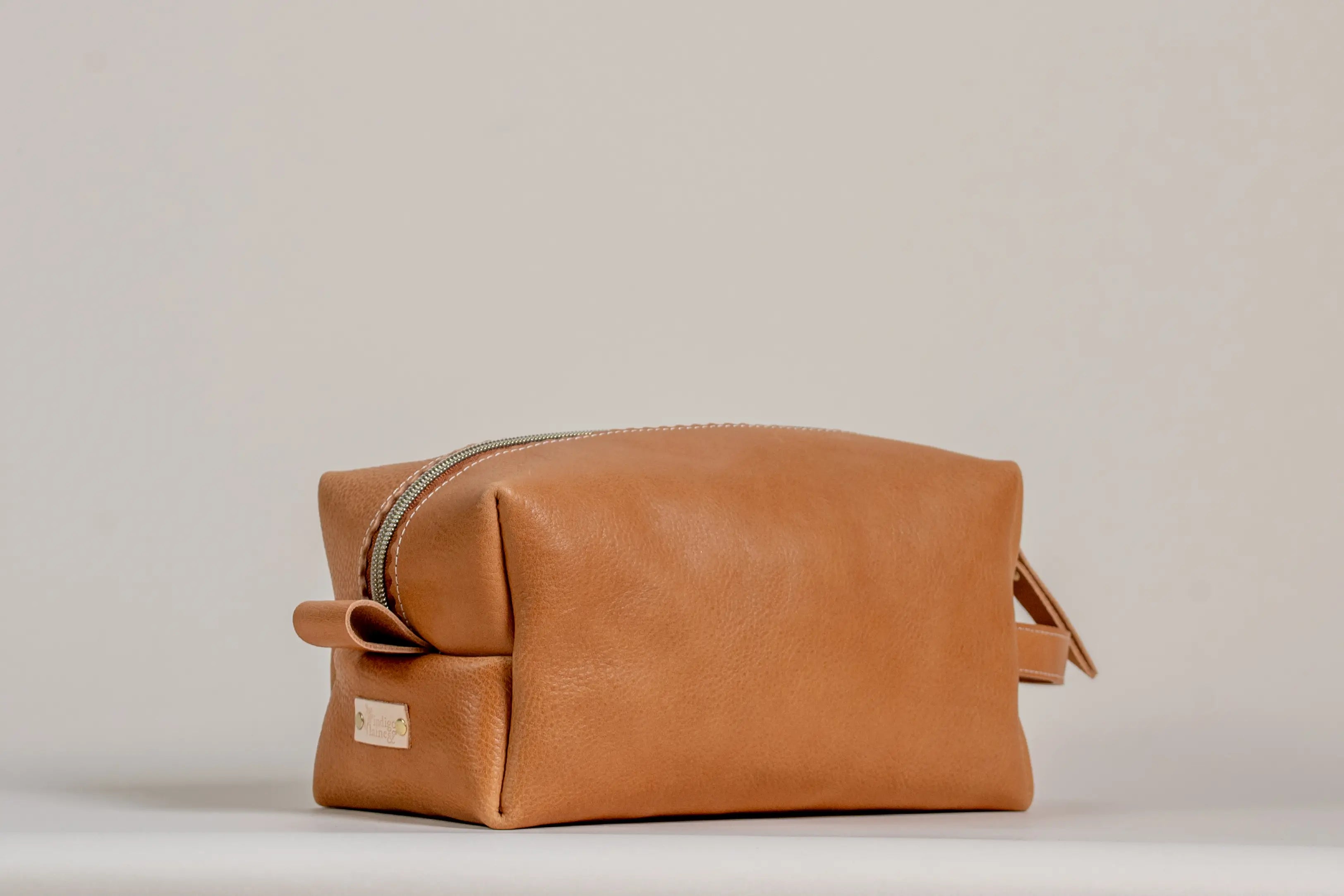 Indigo Laine The Toiletry Kit in Camel, handcrafted leather toiletry kit